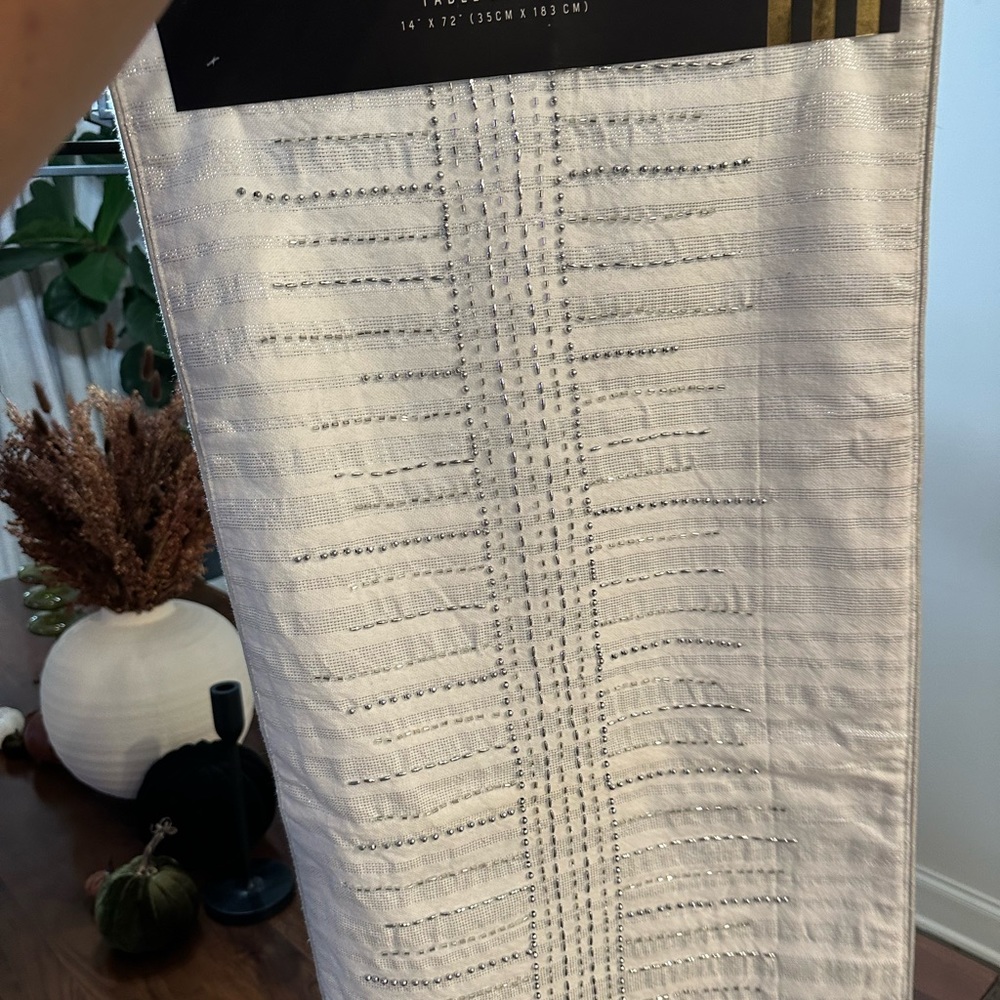 Silver and white beaded table runner